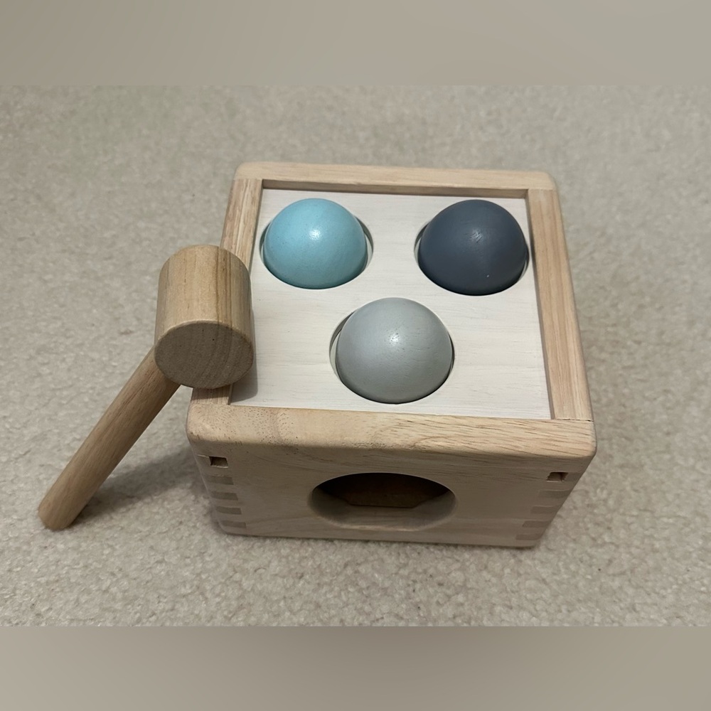Pottery Barn Kids Wooden Hammer Toy with Blue and Gray Balls